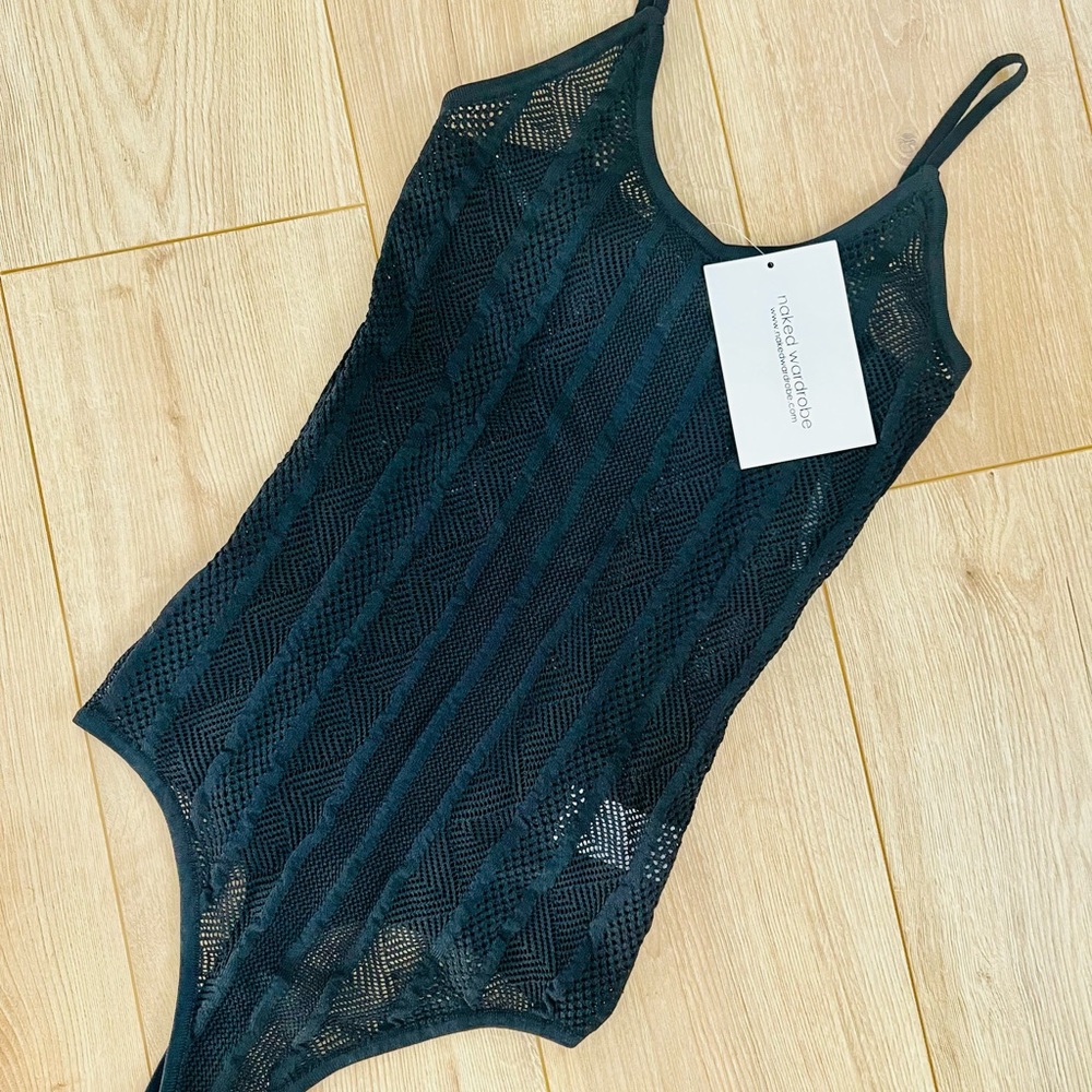 naked wardrobe Black Lace Knit Bodysuit with Tag
